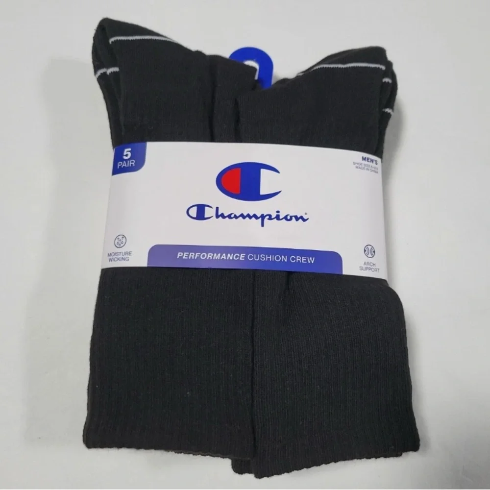 NEW Champion Men’s Performance Cushioned Crew Socks 5 pairs black size 6-12